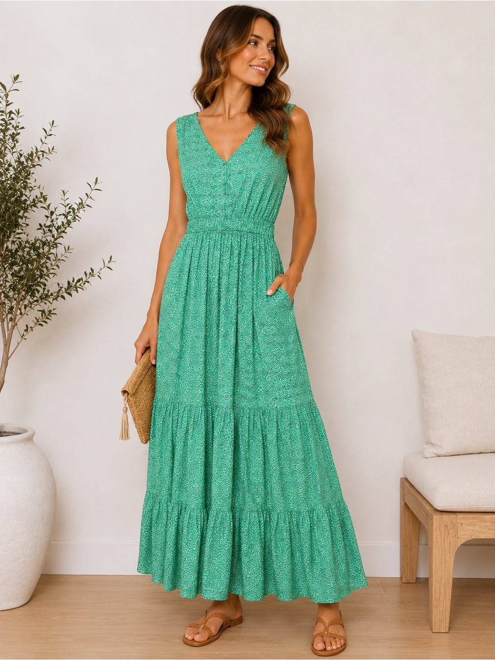 Sincerely Jules Sleeveless V-Neck Tiered Maxi Dress in Green